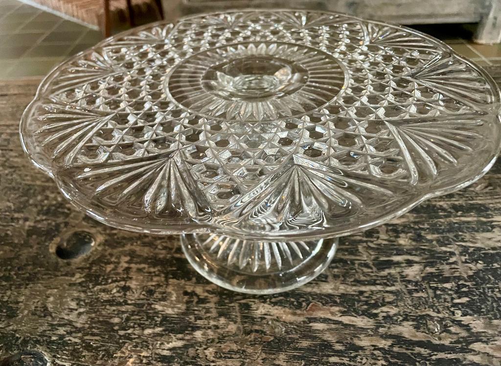Brocante glazen taartschaal op voet, Antiek en Kunst, Ophalen