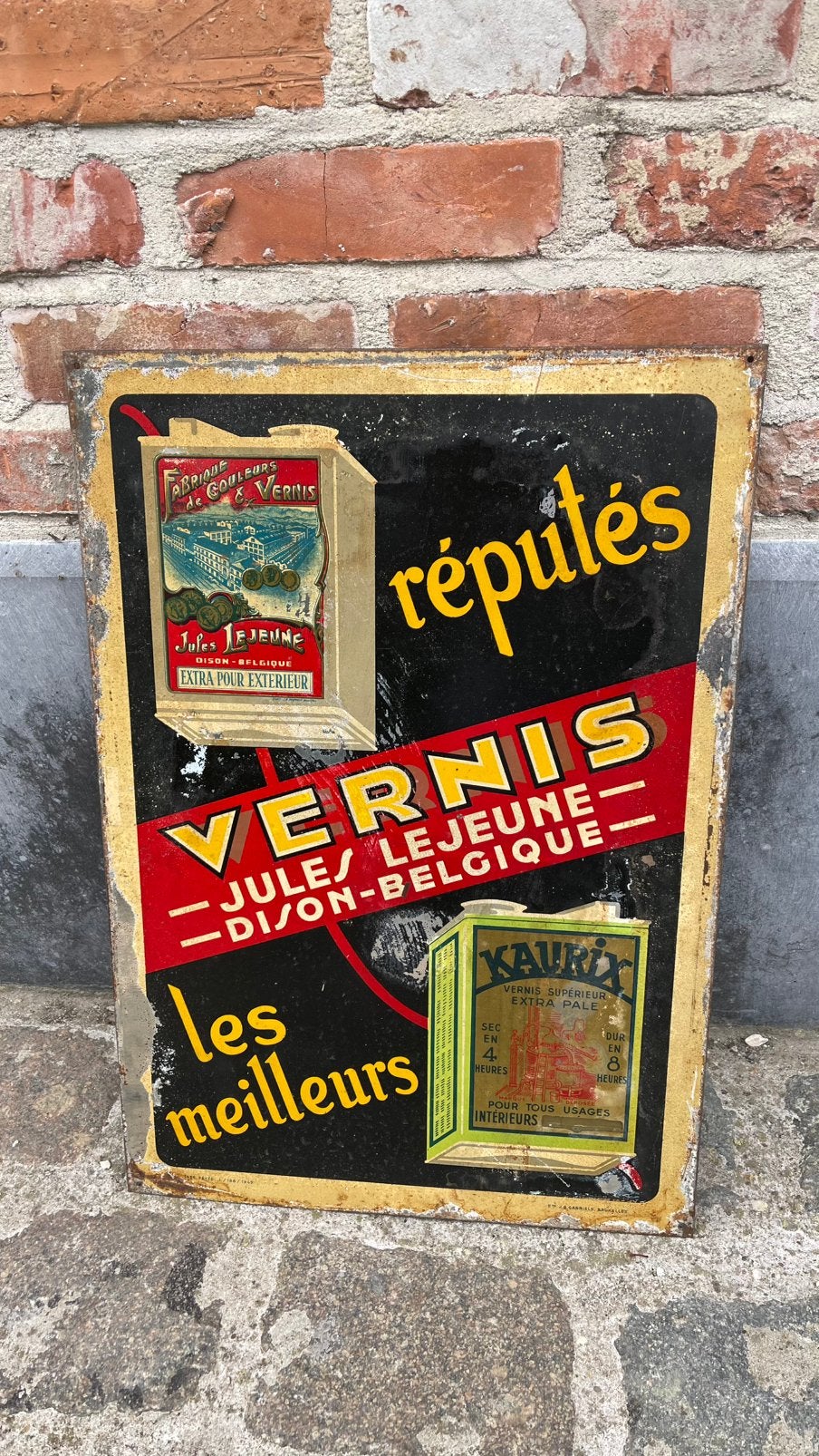Blikken reclame bord vernis Jules Lejeune., Ophalen of Verzenden, Gebruikt, Reclamebord