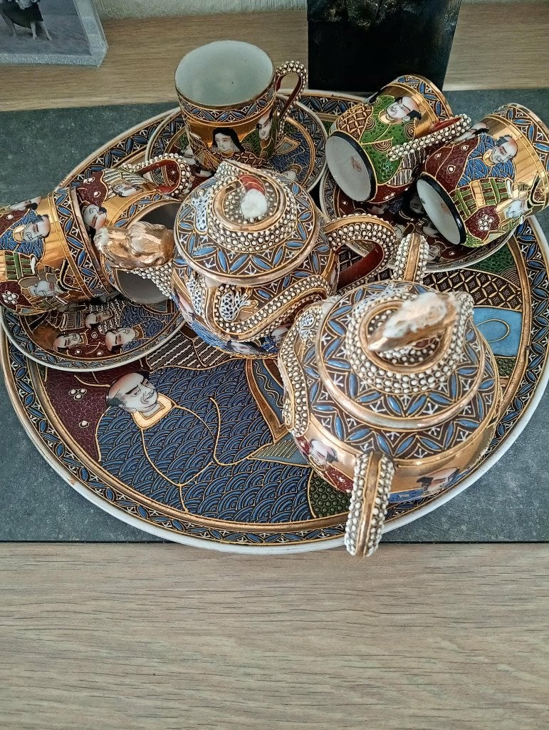 Antiek Japans Satsuma Dragonware Theeservies met Blad, Ophalen