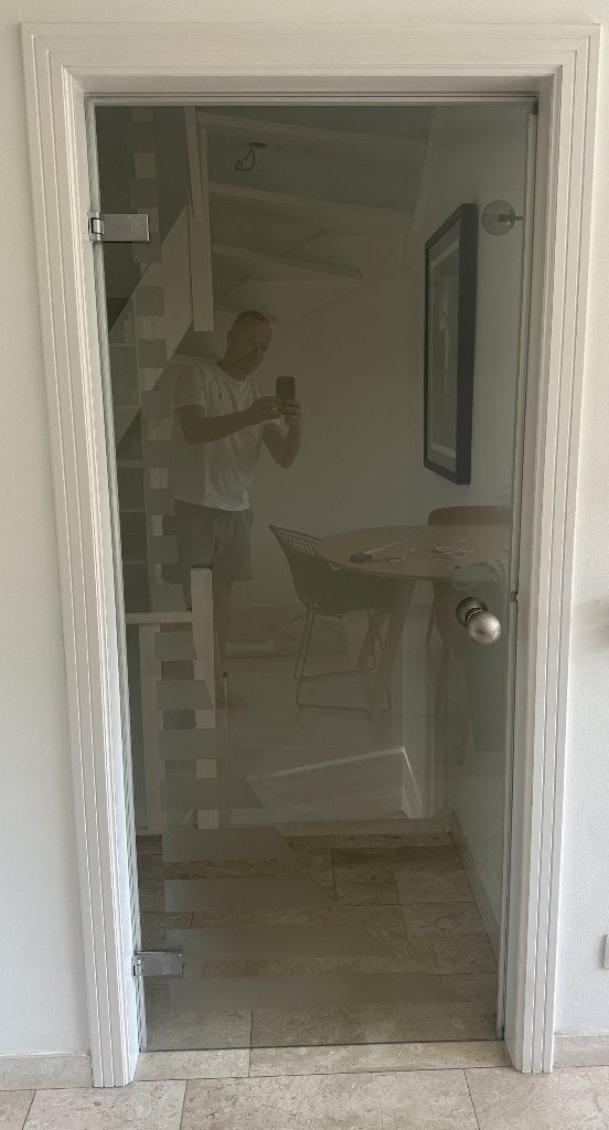 Moderne glazen binnendeur met veiligheidsglas en RVS beslag., Verre, Enlèvement, 80 à 100 cm, 200 à 215 cm
