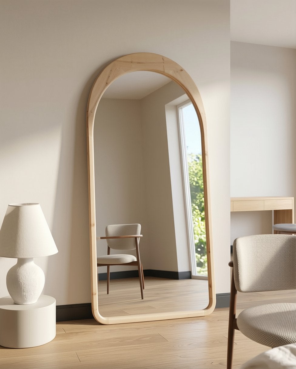 Nieuwe Boogspiegel – Natuurlijk Houten Frame, Huis en Inrichting, Woonaccessoires | Spiegels, Ophalen of Verzenden, Nieuw
