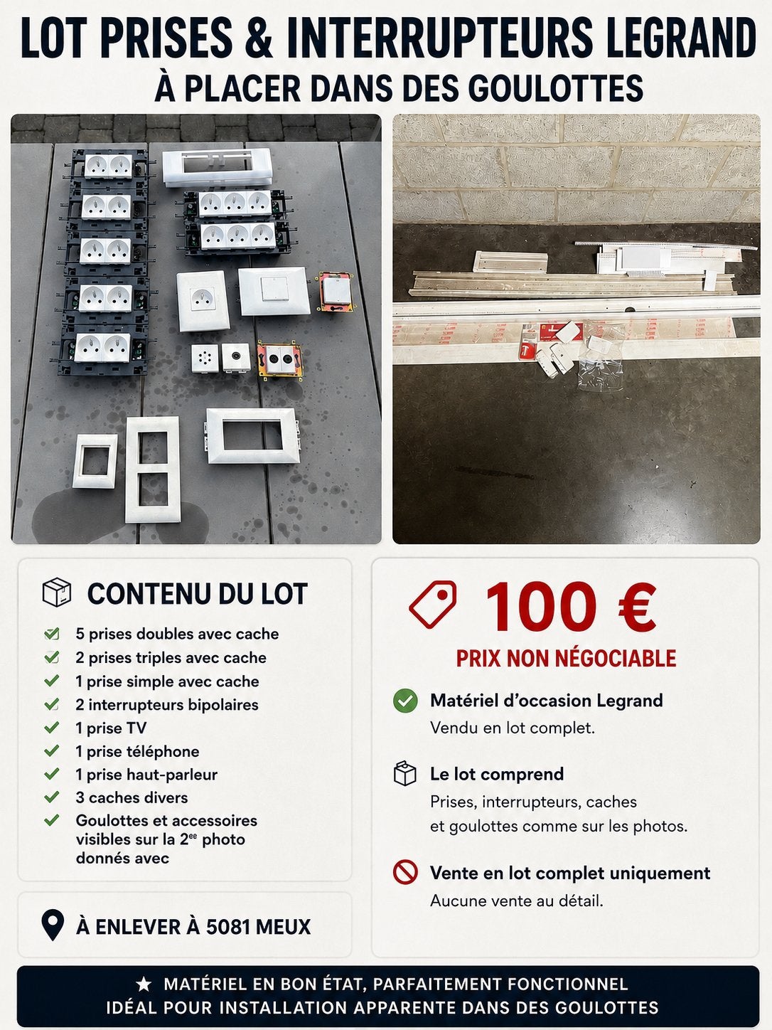 Prises Legrand + interrupteurs + goulottes électriques, Enlèvement, Utilisé, Prise de courant