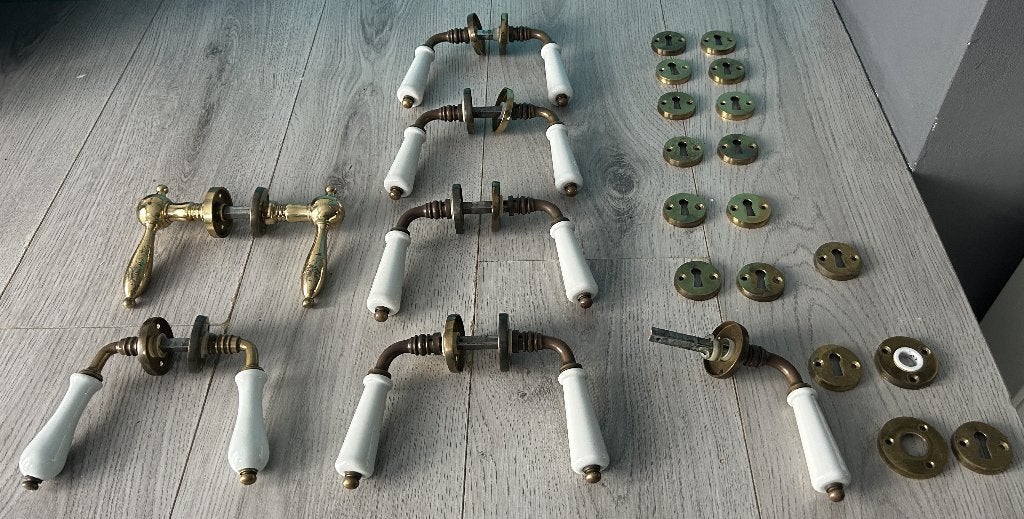 Deurkruk antiek koper/messing porselijn handgreep compleet, Doe-het-zelf en Bouw, Ophalen of Verzenden, Gebruikt, Koper of Messing