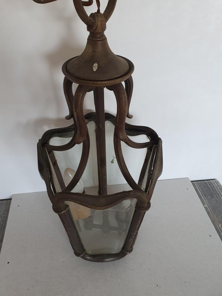 Antieke koperen hang lantaarn met geslepen glas, Antiek en Kunst, Ophalen