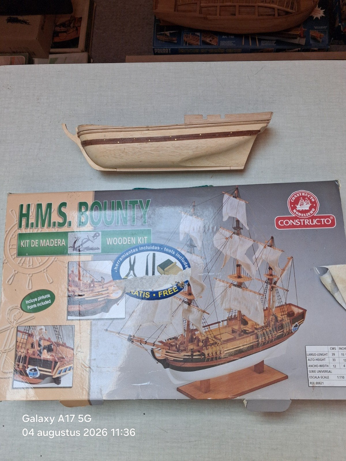 bouwdoos houten modelboot  hms bounty, Ophalen, Gebruikt, 1:50 tot 1:200