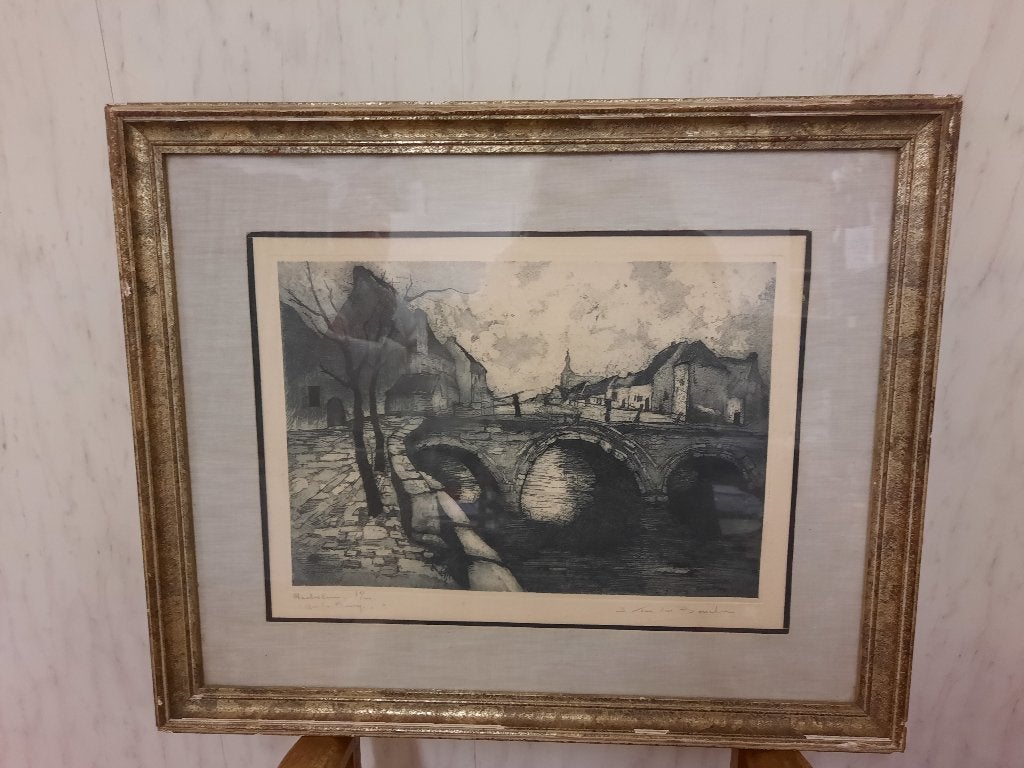 oude etstekening "Mechelen, oude brug" gesigneerd, Ophalen of Verzenden
