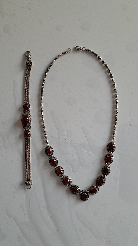 Halsketting en armband en armband van rood carneool 925/1000, Ophalen, Zilver, Armband