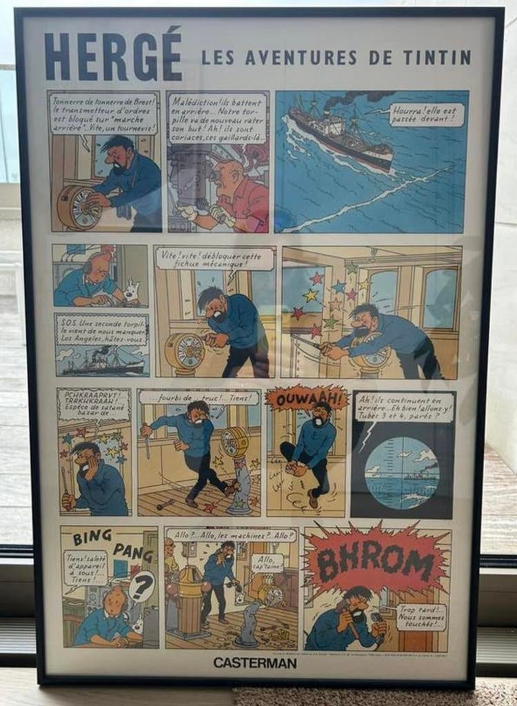 Hergé authentieke ingekaderde poster jaren 70, Verzamelen, Posters, Ophalen, Rechthoekig Staand, Met lijst, Deurposter of groter