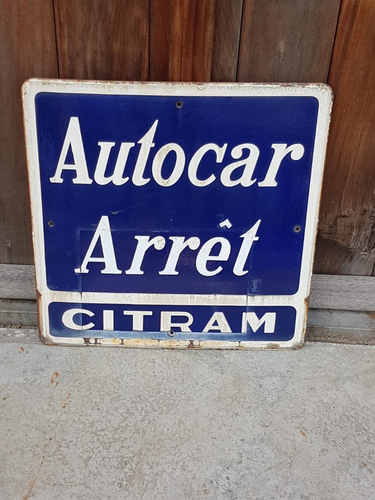 Origineel, oud en zwaar emaille bus bord uit Frankrijk., Ophalen of Verzenden, Gebruikt, Reclamebord