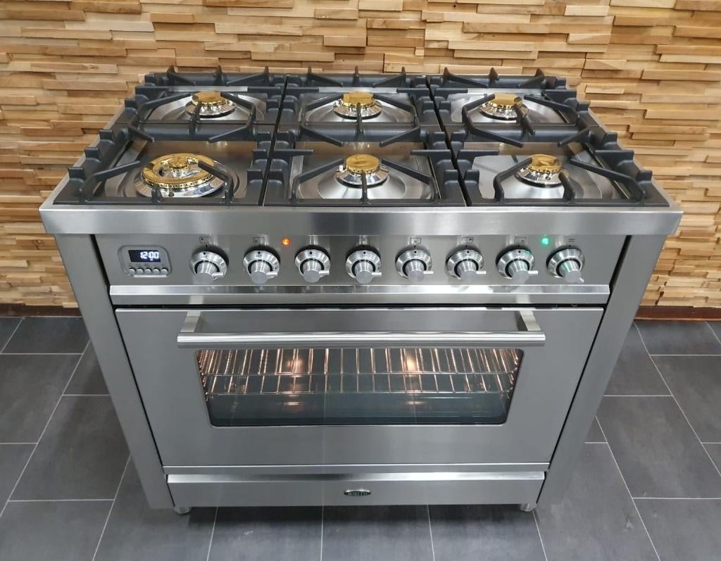 🔥Luxe Boretti Fornuis 90cm rvs + rvs 1 300° oven 6 pits, Elektronische apparatuur, Fornuizen, Ophalen, 60 cm of meer, Zo goed als nieuw