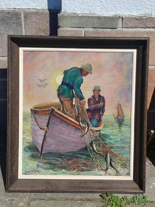 huile sur panneau pecheur signe lode oteis, Antiek en Kunst, Ophalen of Verzenden, Paneel