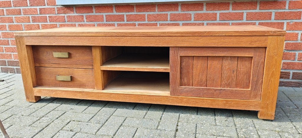 Robuust houten tv-meubel met lades en schuifdeur, Huis en Inrichting, Ophalen, Gebruikt, 150 tot 200 cm, Minder dan 100 cm