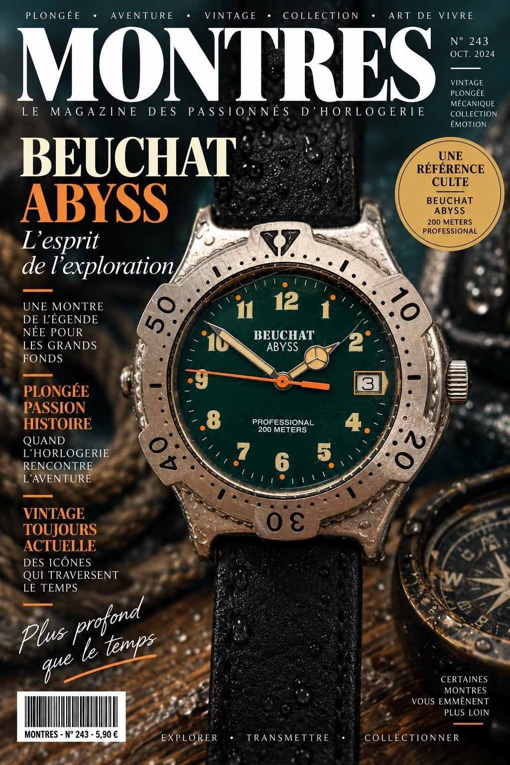 Montre Beuchat Abyss Professional 200M – Quartz – Vintage, Enlèvement ou Envoi