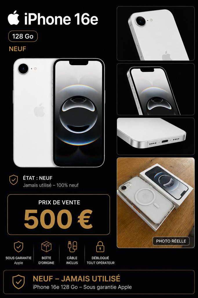 iPhone 16e 128 Go Blanc – Neuf– Sous garantie Apple, Enlèvement ou Envoi, Comme neuf, Protection
