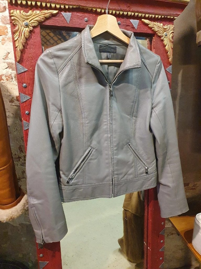 Khaki/grijs Dames Jas, echt leer - maat 36 (FR), Ophalen of Verzenden, Zo goed als nieuw, Maat 34 (XS) of kleiner, Icb