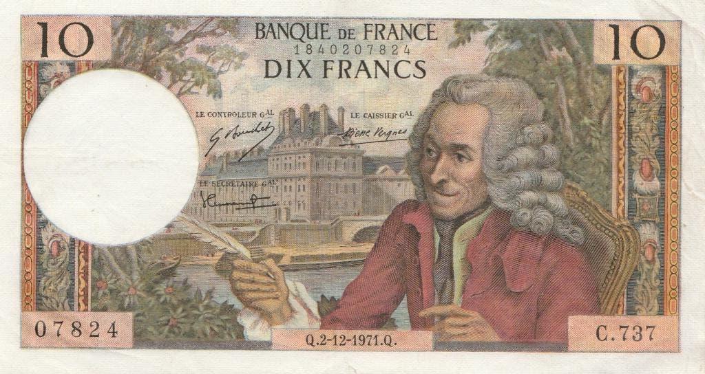 France 10 Francs 1971 François-Marie Arouet de Voltaire, Ophalen of Verzenden, Frankrijk, Los biljet