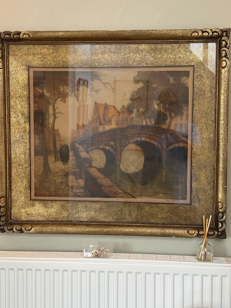 Originele kleurenets A. van Neste – Brugge gehandtekend, Ophalen, Ets, Stadsgezicht, Ingelijst