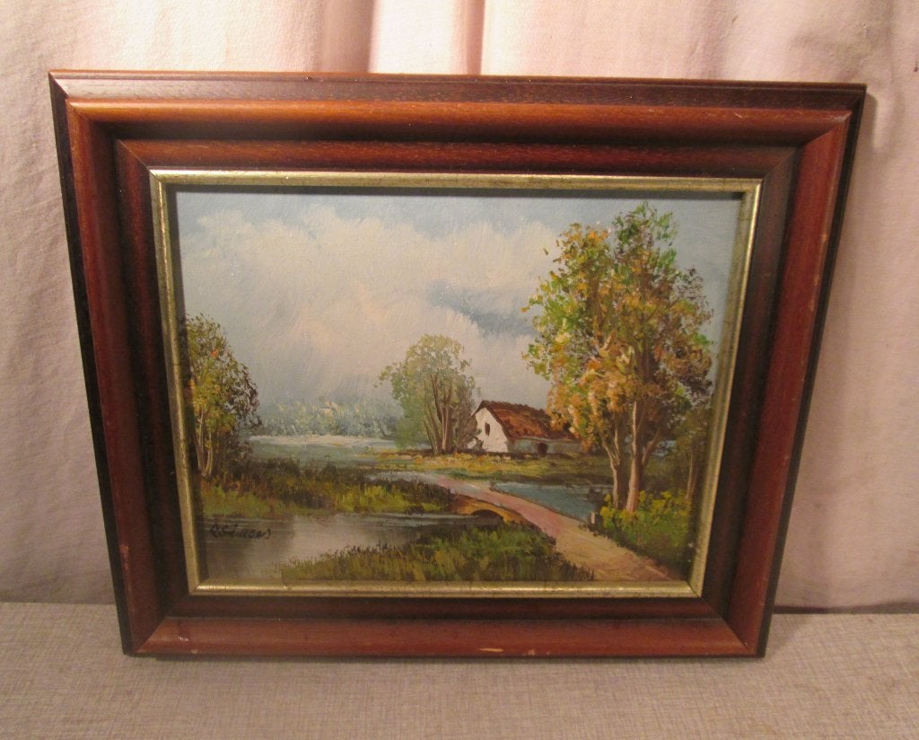 Œuvre magnifiquement peinte « Ferme et rivière » - R Simons, Enlèvement ou Envoi, Peinture à l'huile, Paysage, Signé