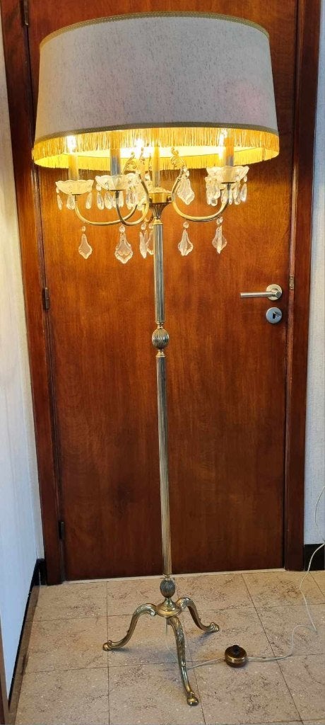 Vintage staanlamp op koperen voet met glazen parels., Ophalen
