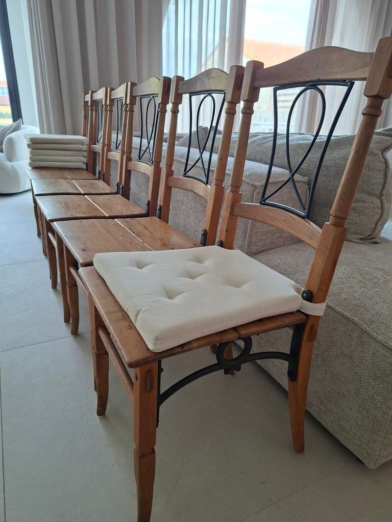 6 prachtige eikenhouten stoelen met smeedijzer., Ophalen