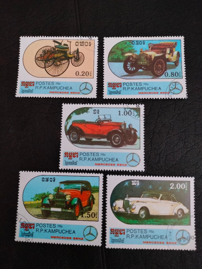 Cambodja 1986 - antieke auto's van Mercedes-Benz, Verzenden, Gestempeld, Zuidoost-Azië