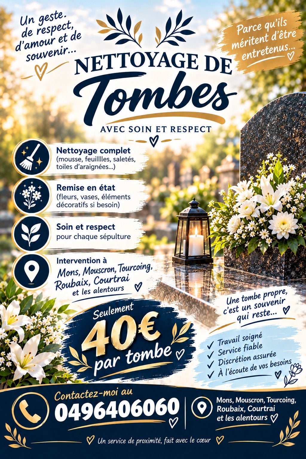 Entretien, nettoyage et fleurissement de sépultures / tombes, Jardin & Terrasse, Enlèvement ou Envoi, Autres matériaux