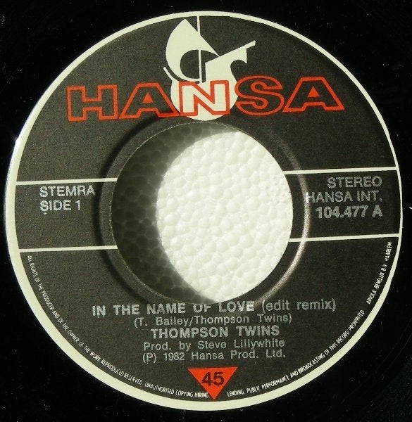 single THOMPSON TWINS : In The Name Of Love (edit remix), Pressage original, Enlèvement ou Envoi, 7 inch, Utilisé
