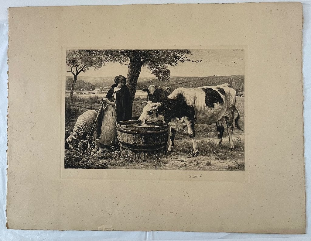 Origineel 19e eeuwse gravure Julien Dupré, gesig. A. Bessé, Antiek en Kunst, Ophalen of Verzenden, Gravure, Gesigneerd, 1800 - 1899