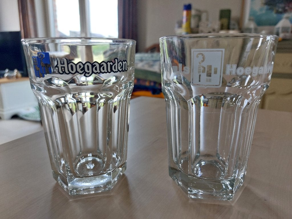 Hoegaarden bierglazen – set van 2 – goede staat, Verzamelen, Ophalen, Zo goed als nieuw, Bierglas