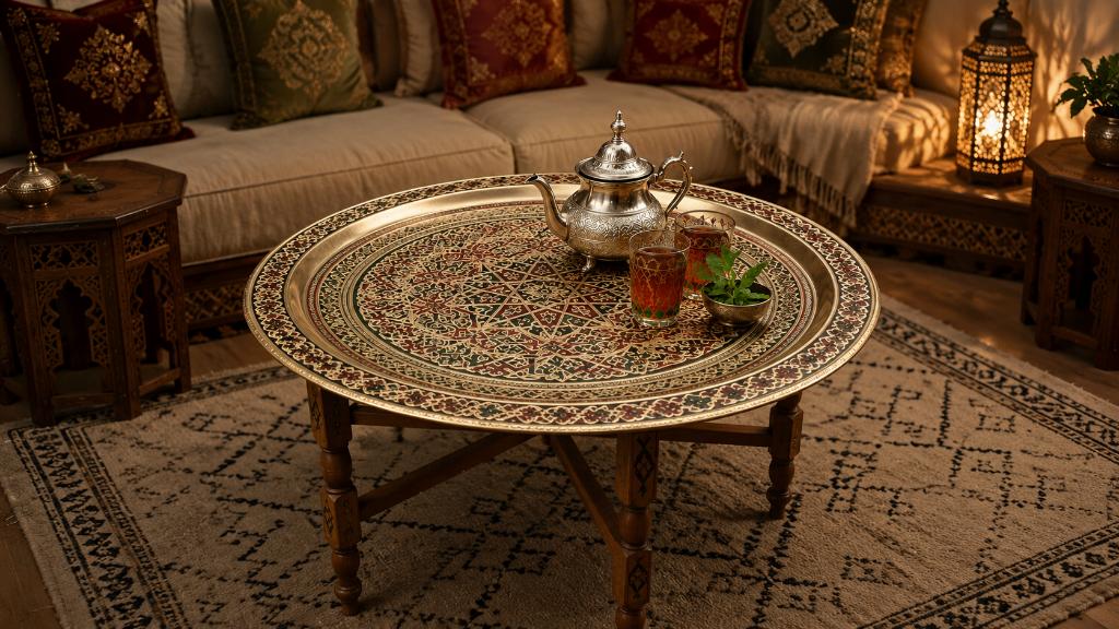 Grande table marocaine orientale en laiton gravé,  80 cm, Enlèvement
