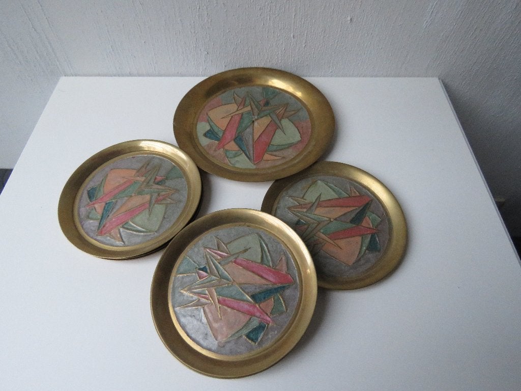 set 6 onderzetters ,wijnfles onderzetter modernist messing, Ophalen of Verzenden