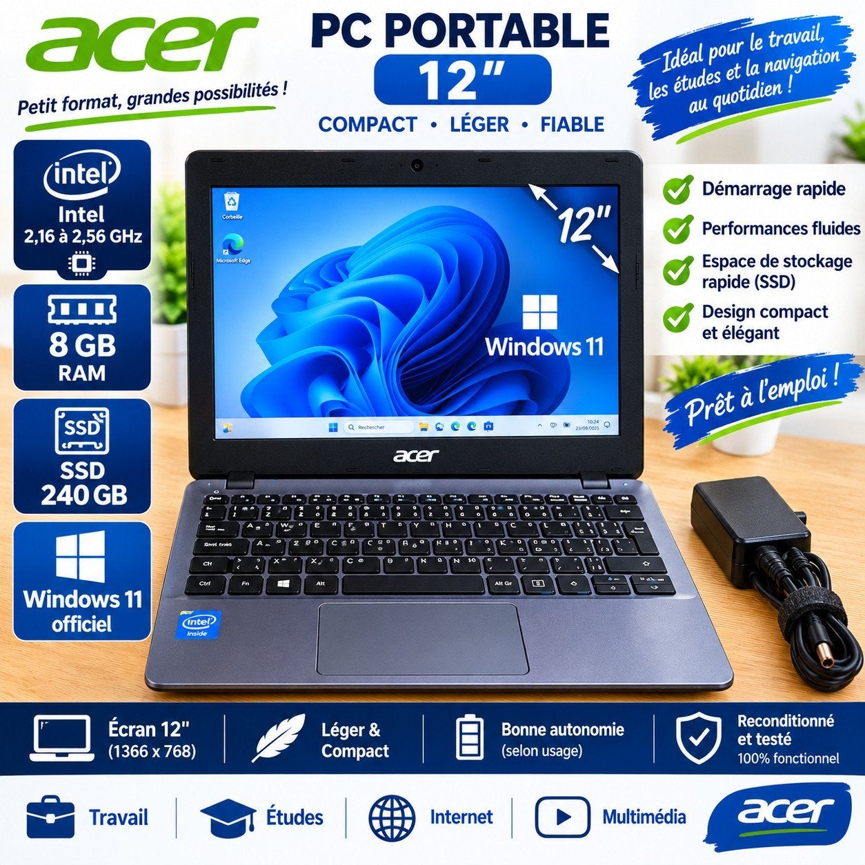 Acer laptop SSD 8 GB RAM ultrasnel, Ophalen of Verzenden, SSD