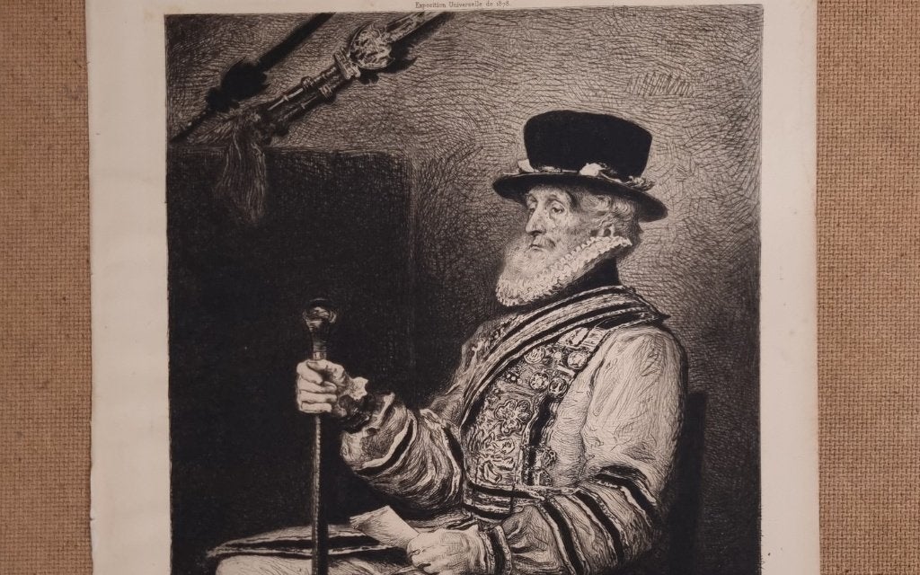 Ets A Yeoman of the Guard - Waltner naar Millais, 1878, Antiek en Kunst, Ophalen, 1800 - 1899, Ets, Portret