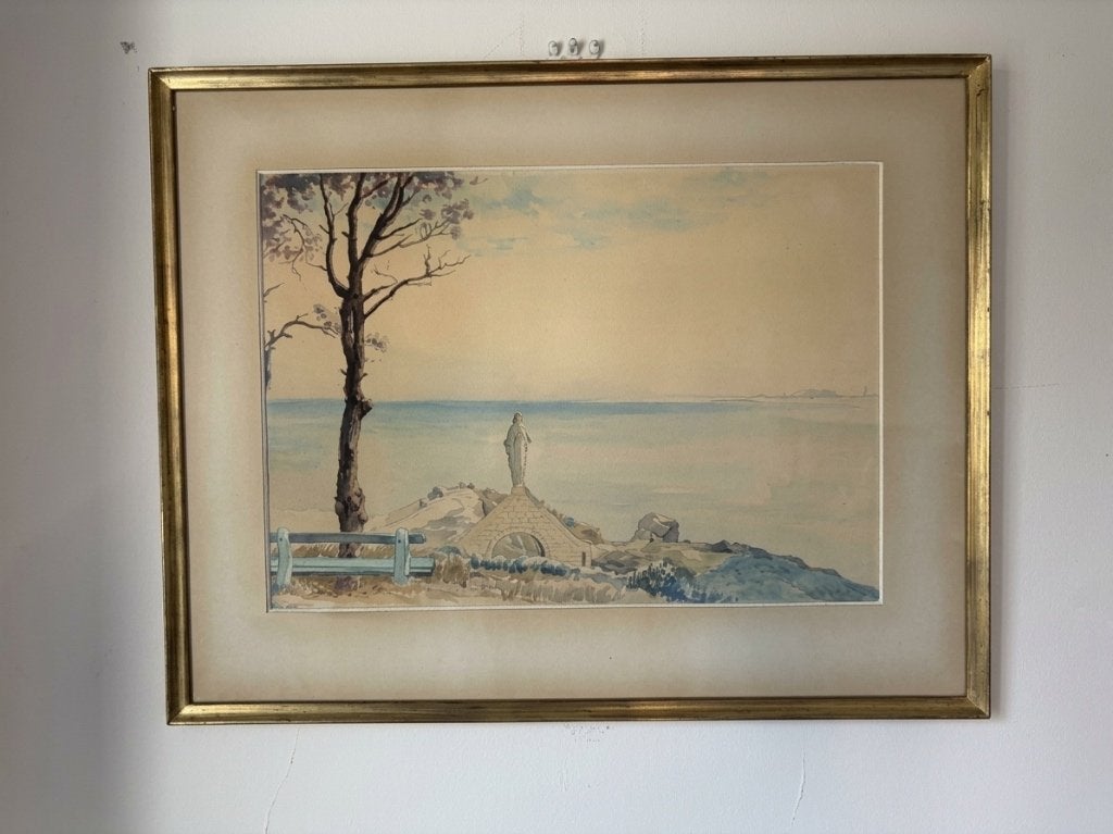 Ingelijste antieke aquarel — Zeegezicht (50 x 70 cm), Antiek en Kunst, Landschap, Aquarel, Vintage, Ophalen