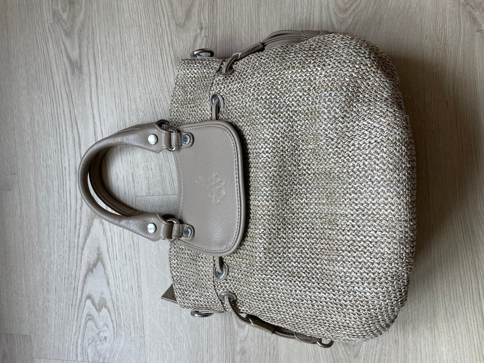 Beige handtas stof, Handtassen en Accessoires, Tassen | Damestassen, Ophalen of Verzenden, Gebruikt, Beige, Handtas