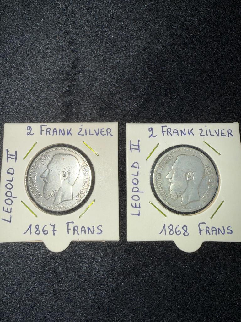 2 oude munten 2 frank zilver Leopold II 1867 en 1868, Postzegels en Munten, Zilver, Ophalen of Verzenden, Losse munt, Zilver