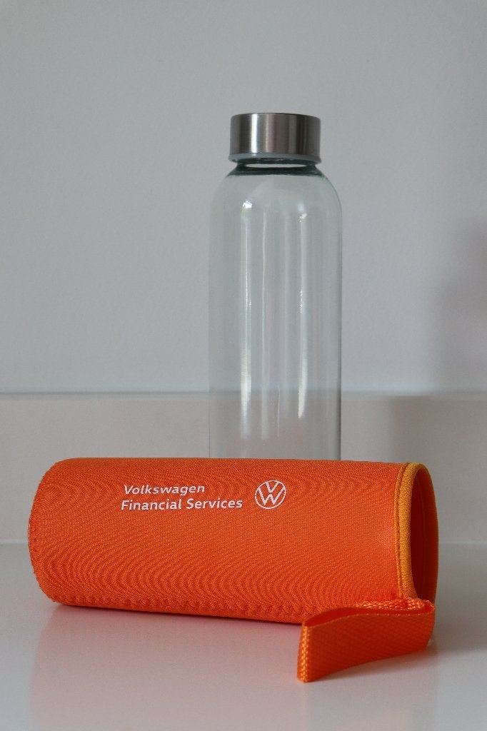 Glazen fles van 500 ml met Volkswagen beschermhoes, Sport en Fitness, Drinkbussen, Ophalen of Verzenden, Nieuw