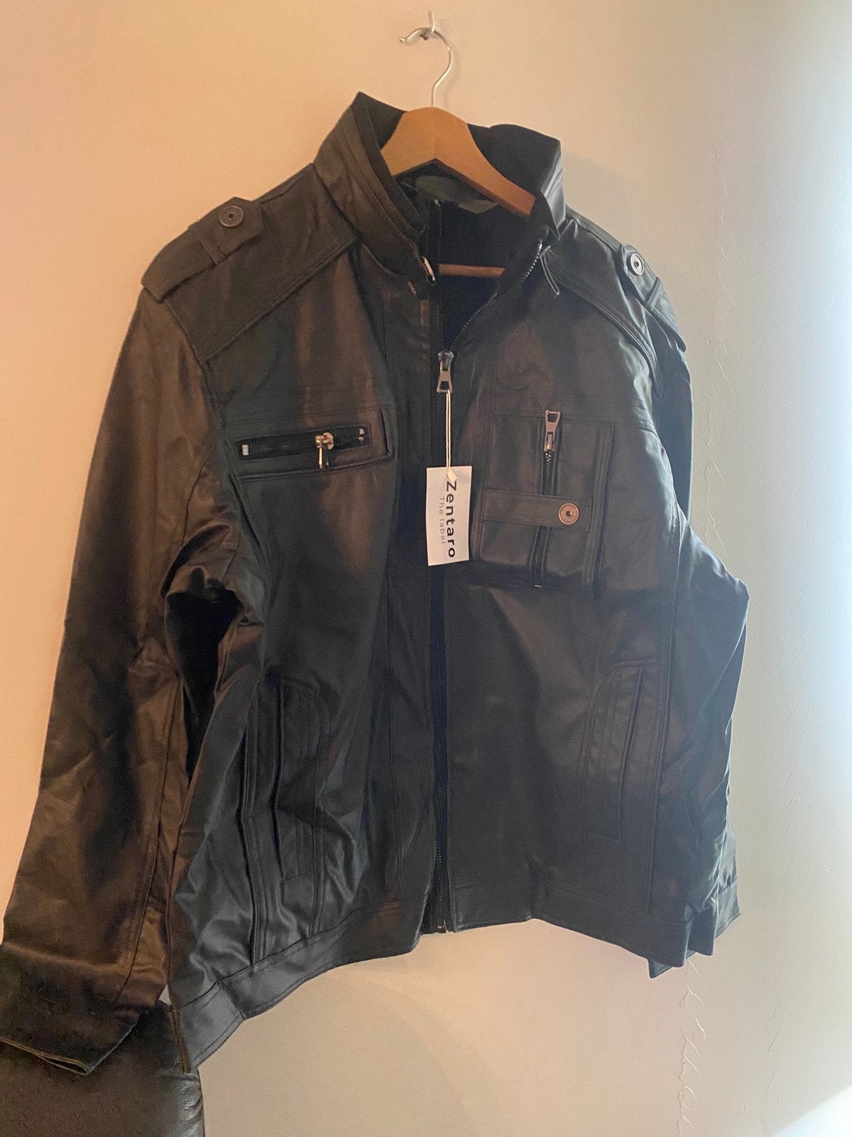 Men's Black PU Leather Biker Jacket | Rib Knit Collar, Vêtements | Hommes, Vestes | Été, Enlèvement ou Envoi, Neuf, Taille 52/54 (L)