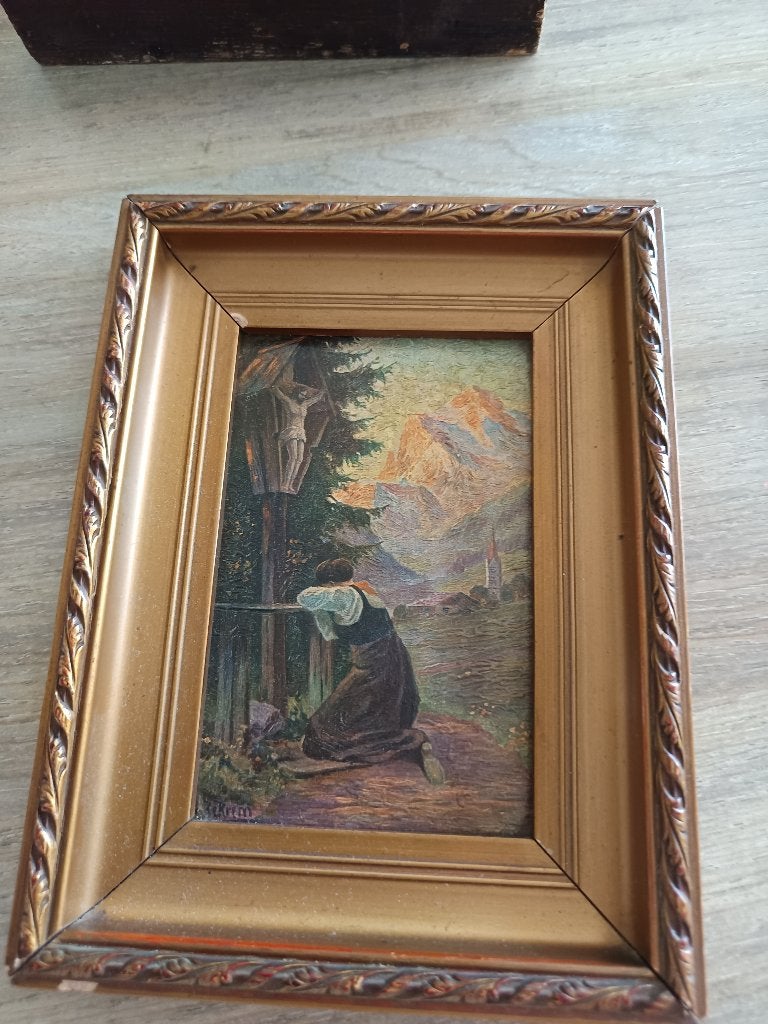 Olieschilderij Kekrem +-1920 biddende vrouw in de Alpen, Ophalen, Doek, Realistisch, Stilleven