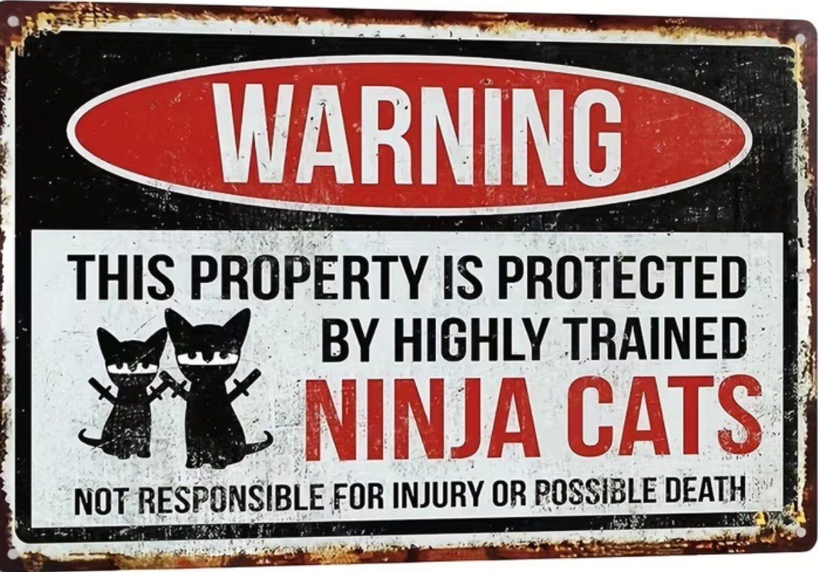 Panneau pub en bois Warning ninja cats retro vintage mancave, Maison & Meubles, Enlèvement ou Envoi, Neuf
