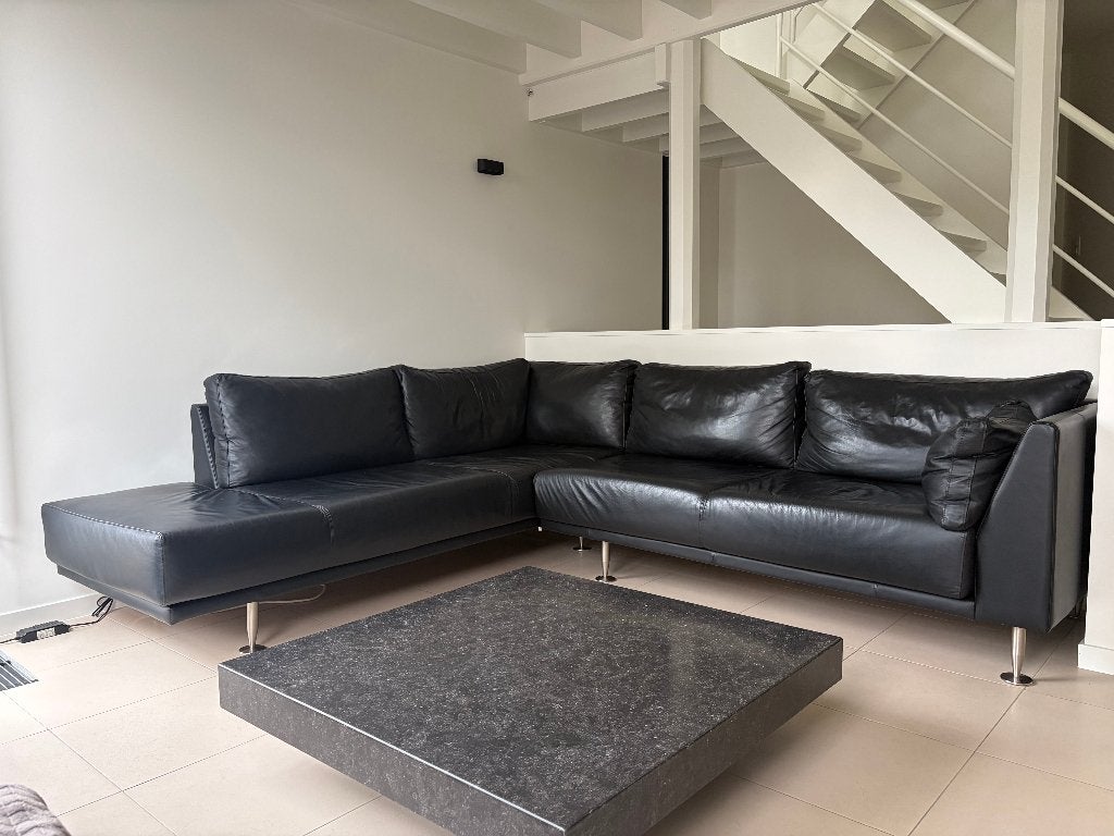 Hoeksalon leer zwart, Maison & Meubles, Canapés | Salons, 75 à 100 cm, Banc d'angle, Quatre personnes ou plus, 150 à 200 cm