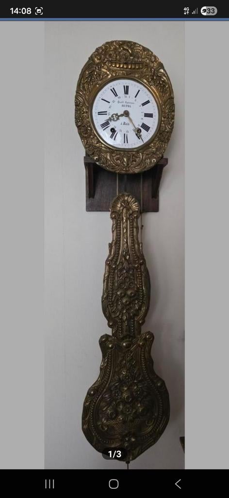 Antieke Franse comtoise wandklok – messing ornamenten, Ophalen