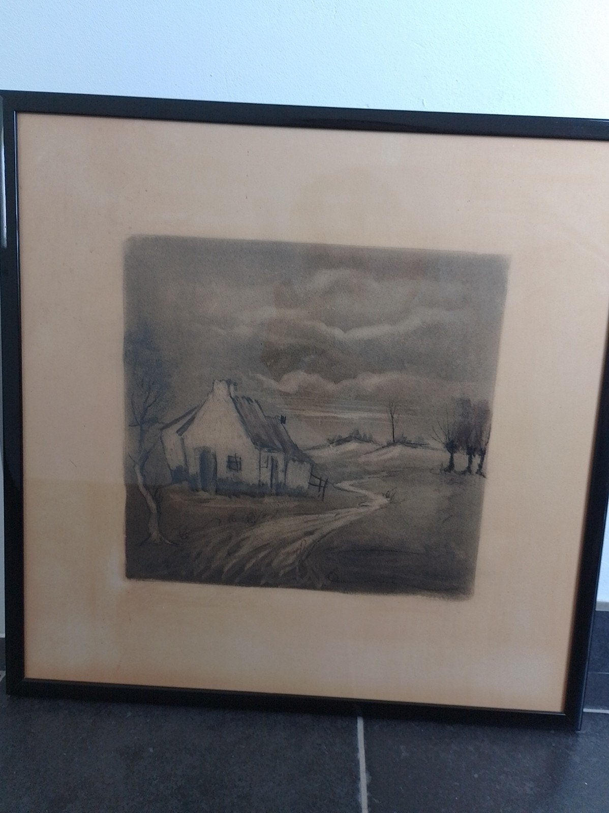 Litho wit/zwart landschap met huisje, Antiek en Kunst, Kunst | Etsen en Gravures, Ophalen, Landschap, Ingelijst