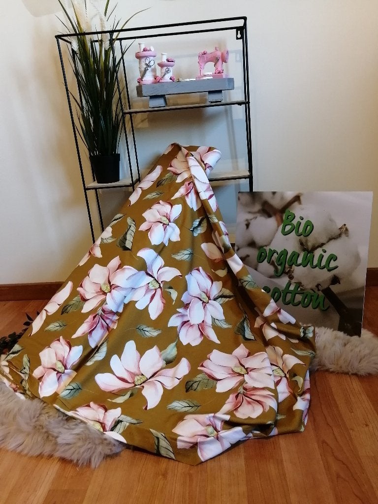 Outlet : Jersey stof magnolia bloemen, oker, Hobby & Loisirs créatifs, Tissus & Chiffons, Neuf, Autres couleurs, Coton, 120 cm ou plus
