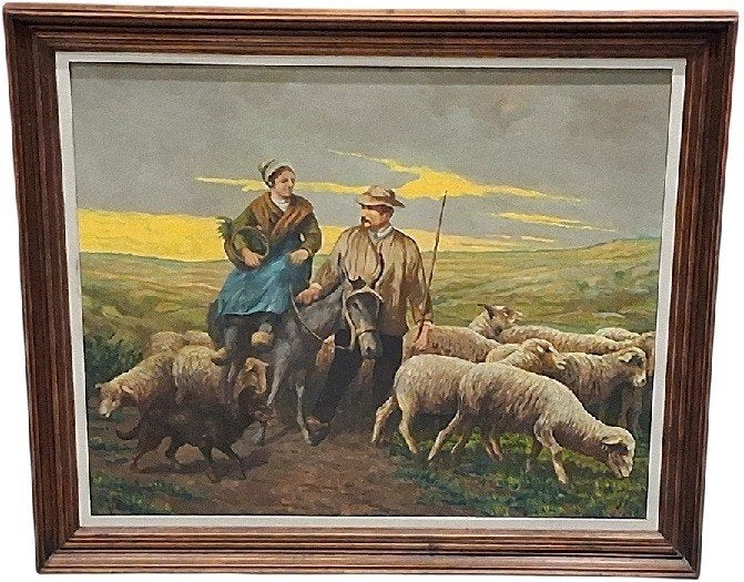 J. Denef landbouwers met hun kudde schapen, Antiek en Kunst, Ophalen, Paneel, Dieren, Gesigneerd