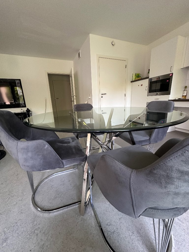 Table ronde en verre avec 4 chaises⁠, 100 à 150 cm, Quatre personnes, Rond, Comme neuf