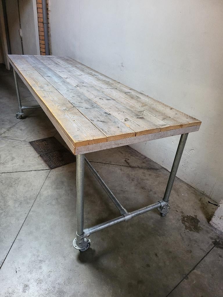 Industriele Bar-Eettafel,Tuin-Ateliertafel 300x97 H105, Huis en Inrichting, Tafels | Eettafels, Teakhout, 200 cm of meer, Zo goed als nieuw