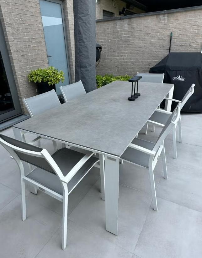 Complete set: moderne tuintafel met 6 stoelen, Tuin en Terras, Tuintafels, Ophalen, Zo goed als nieuw, Rechthoekig, Aluminium
