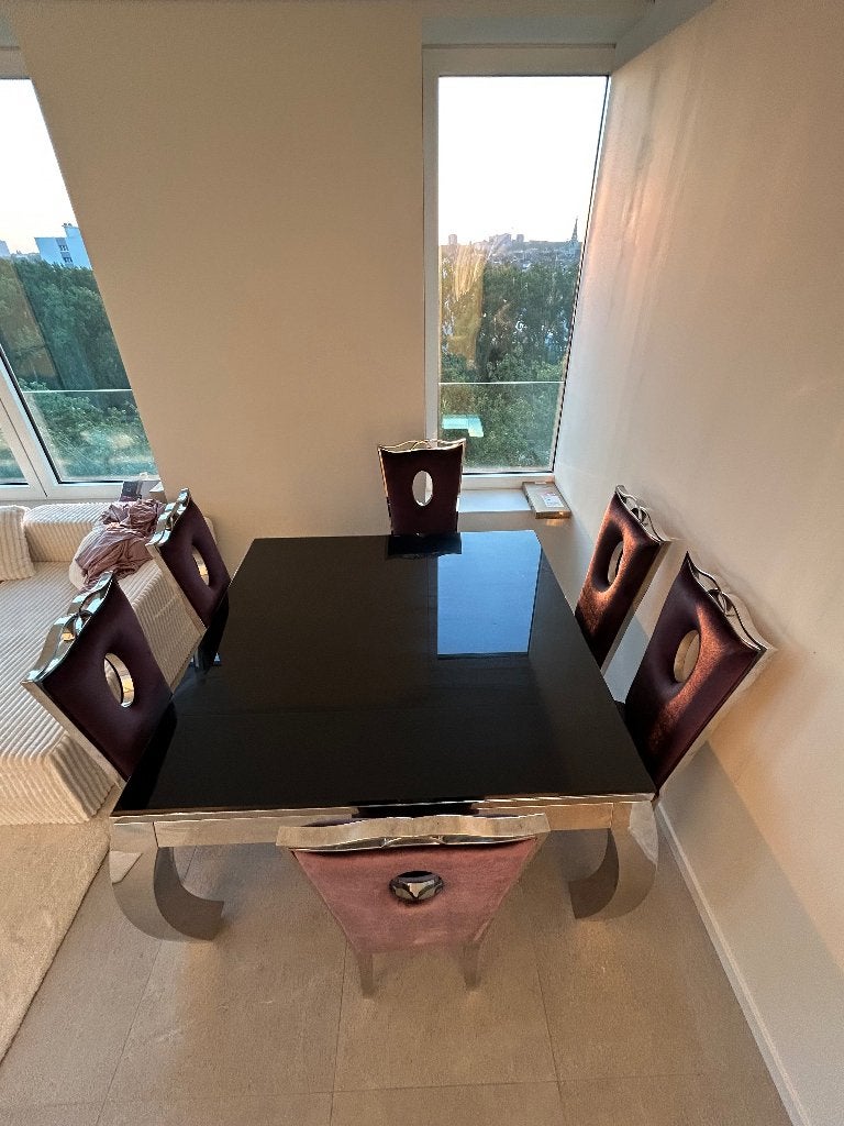 Table à manger baroque moderne + 6 chaises — verre noir, Huis en Inrichting, Tafels | Eettafels, Gebruikt, 100 tot 150 cm, 100 tot 150 cm
