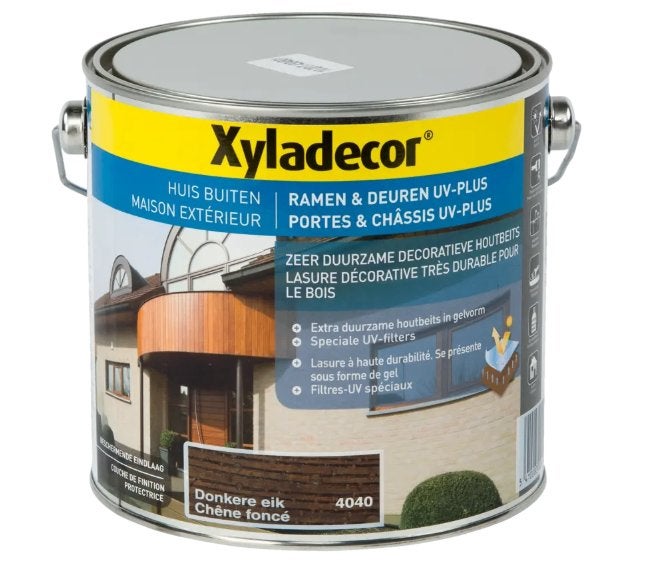 Xyladecor UV-plus ramen en deuren beits donker eik 2,5L, Ophalen, Bruin, Beits, Zo goed als nieuw
